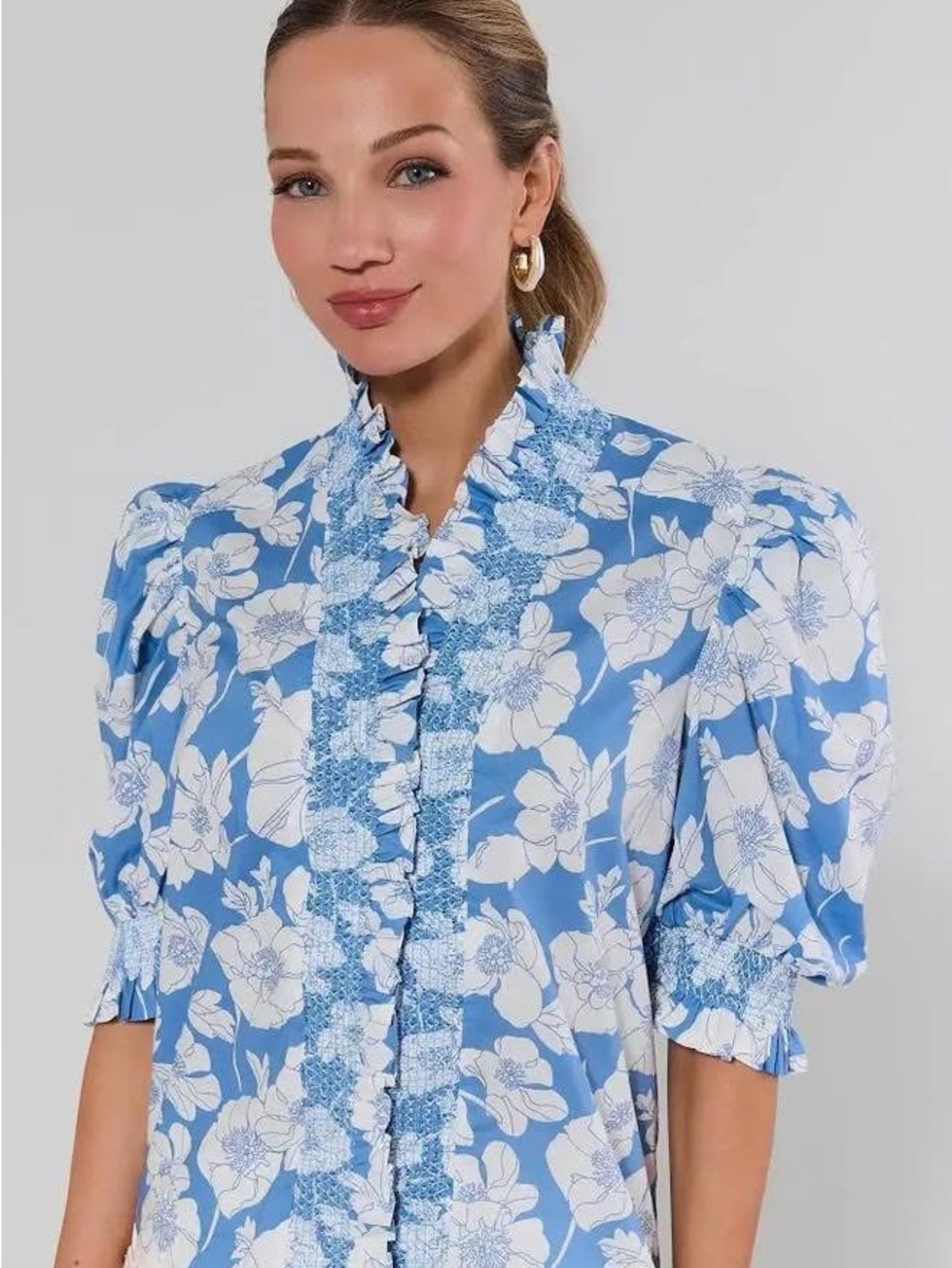 Light Blue Floral Ruffle-Trim Puff Sleeve Blouse
